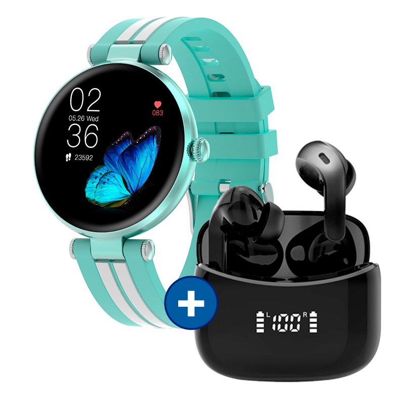 COMBO SMART WATCH VERDE Y AUDÍFONO NEGRO
