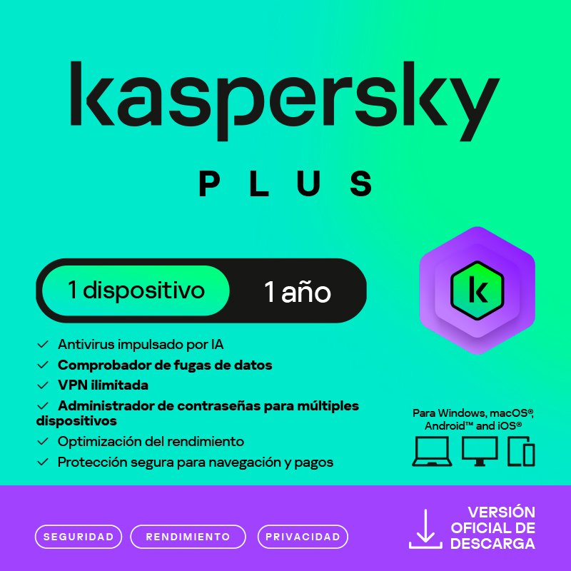 Antivirus Kaspersky Plus, para 1 PC, Lic 1 año, Producto Virtual.
